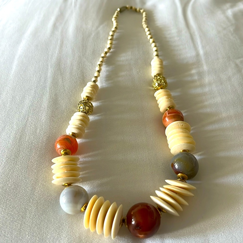 Vintage wood necklace with gold accents and color beads